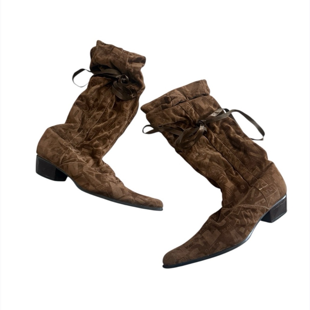 Brown Logo-Print Suede Mid-Calf Boots with Bow